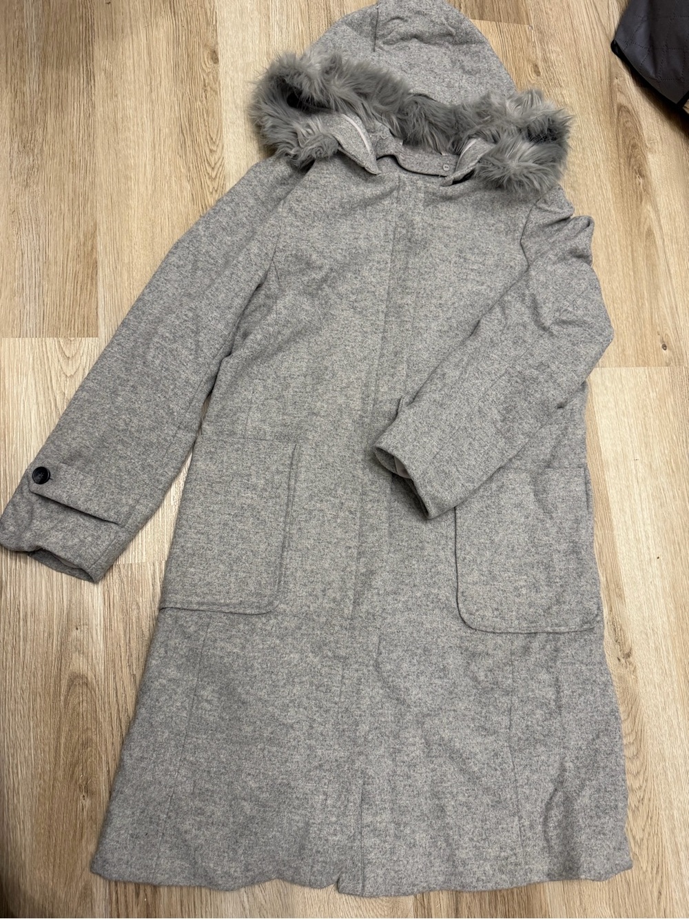 VIS Women's Wool Gray Hooded Coat with Faux-Fur Trim